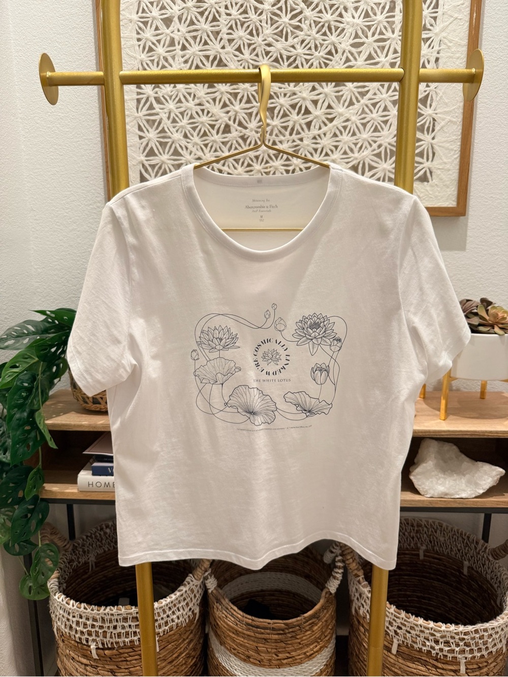 Abercrombie & Fitch White Tee with Navy Floral Line Art